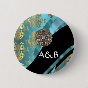 Bóton Redondo 5.08cm Cristal azul-aqua e mouro damask faux