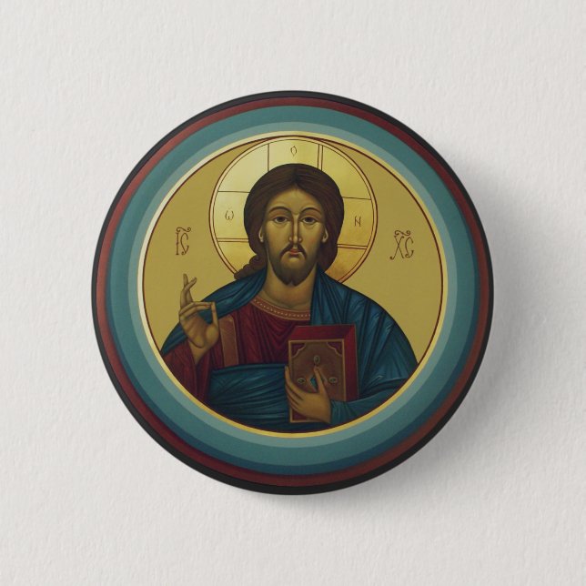 Bóton Redondo 5.08cm Cristo Pantocrator Bizantino Arte de Mosaico Redon (Frente)
