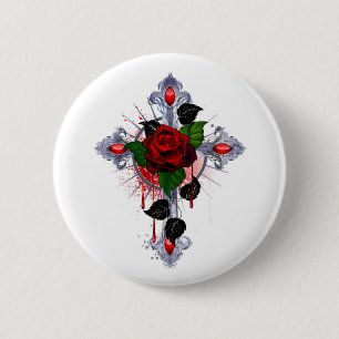Bóton Redondo 5.08cm Cruz de Prata com Rosa vermelha