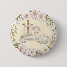 Bóton Redondo 5.08cm Cruz Floral e Cordeiro | Feliz Páscoa