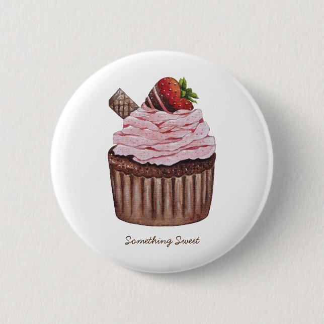 Bóton Redondo 5.08cm Cupcake De Morango Cujo Cama É Em Aquarela (Frente)