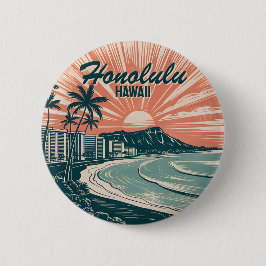 Bóton Redondo 5.08cm Custom Hawaii Honolulu Waikiki Beach Retro Viagem
