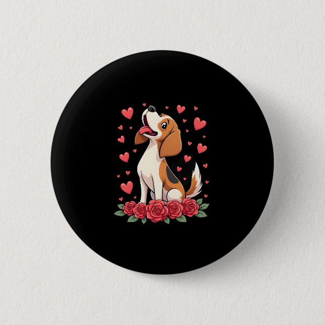 Bóton Redondo 5.08cm Cute Beagle with Red Roses Hearts Floral Valentine (Frente)