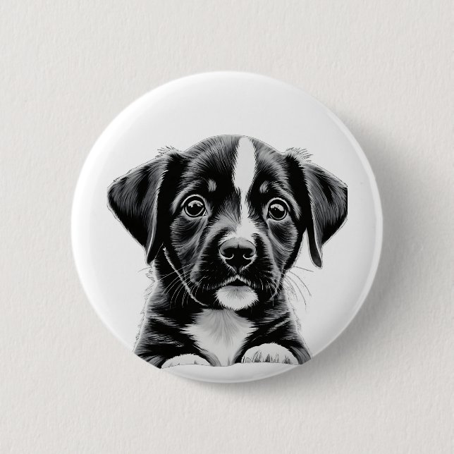 Bóton Redondo 5.08cm Cute Black & White Puppy – Adorable Dog Button (Frente)