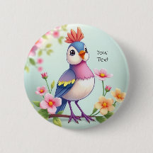 Cute Blue Pink Bird Floral Button