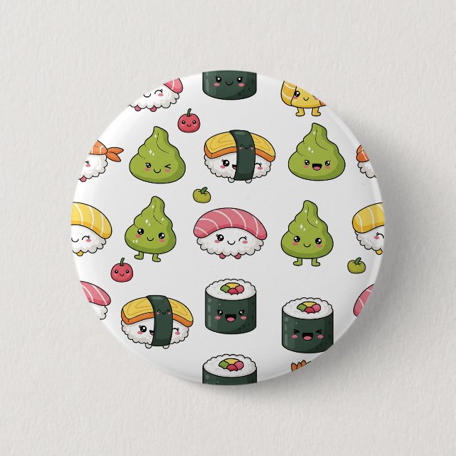 Bóton Redondo 5.08cm Cute Kawaii Sushi Pattern Button | Fun Foodie Pin  (Frente)