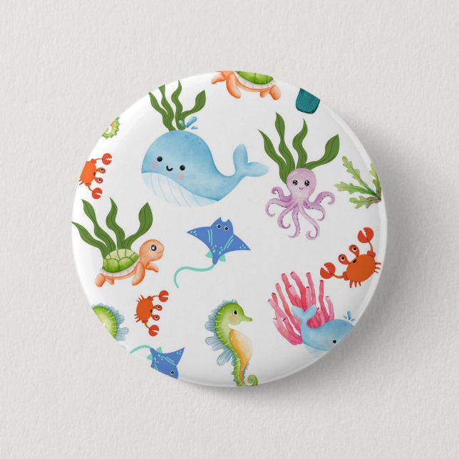 Bóton Redondo 5.08cm Cute Underwater Friends – Ocean Animals Pattern  (Frente)