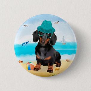 Bóton Redondo 5.08cm Dachshund Dog em Beach