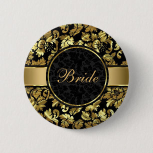 Bóton Redondo 5.08cm Damasco Dourado Preto E Metálico