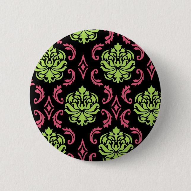 Bóton Redondo 5.08cm Damasco rosa quente e verde (Frente)