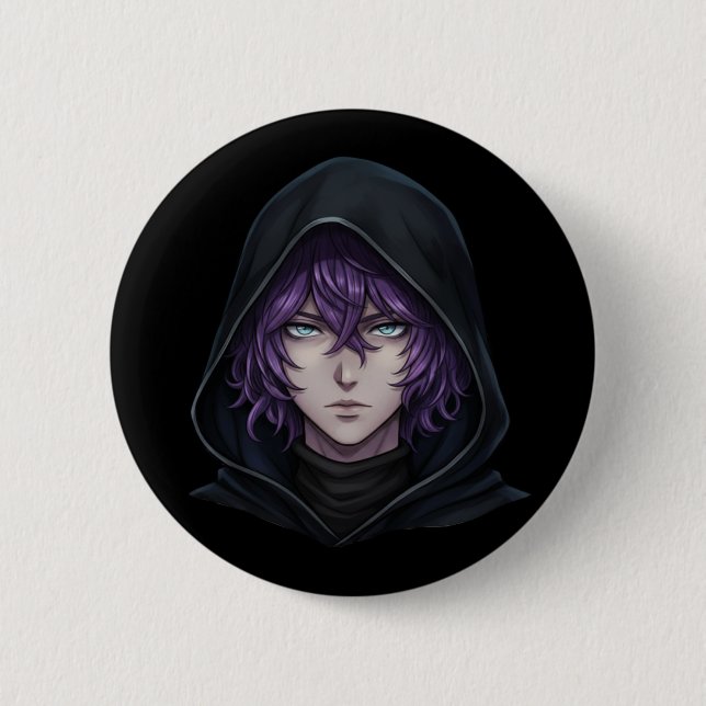 Bóton Redondo 5.08cm Dark Hoodie Anime Boy with Purple Hair (Frente)