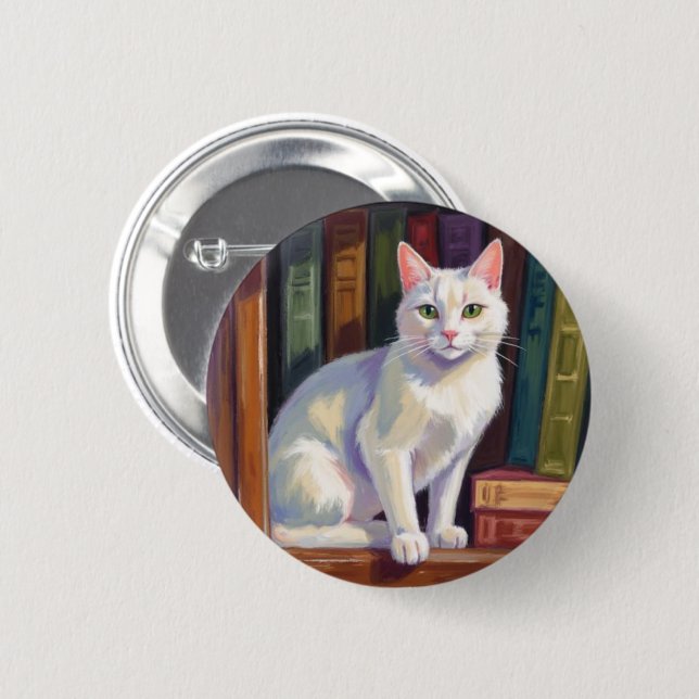 Bóton Redondo 5.08cm Desenho de Gato Branco (Frente & Verso)