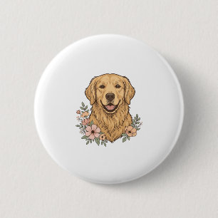 Bóton Redondo 5.08cm Desenho de Gravura Vintage Floral Golden Retriever