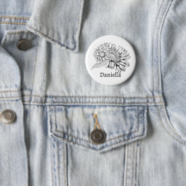 Bóton Redondo 5.08cm Desenho de linha preta de Crisântemo com seu nome 