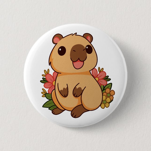 Bóton Redondo 5.08cm Desenho Fofo de Capivara Feliz (Frente)