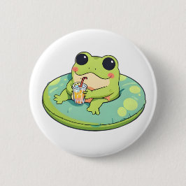 Bóton Redondo 5.08cm Design de Sapo Chibi Fofo Dia de Piscina de Verão