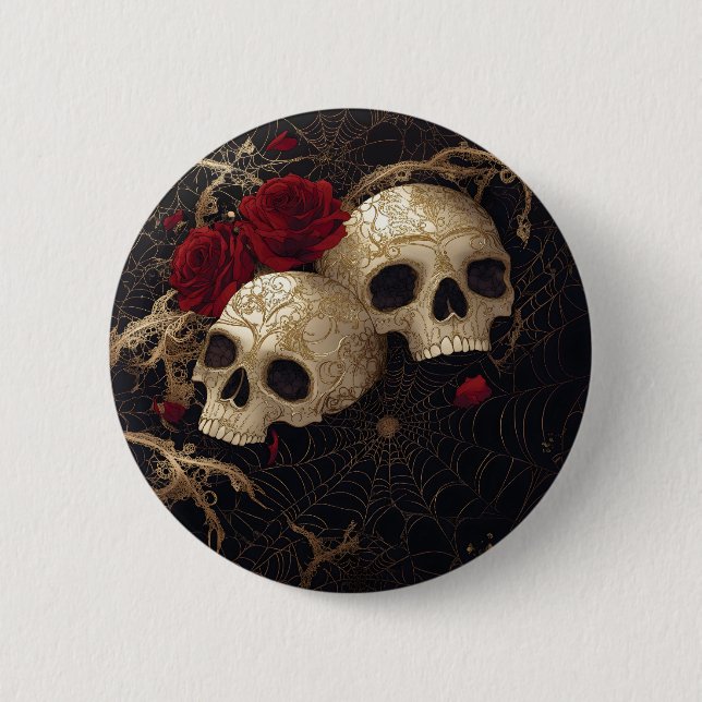 Bóton Redondo 5.08cm Design de Skulls e rosa vermelha (Frente)