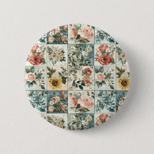 Bóton Redondo 5.08cm Design Floral Xadrez Estilo Vintage