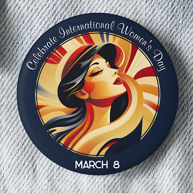 Bóton Redondo 5.08cm Dia Internacional da Mulher (Navy Blue Celebrate International Women's Day March 8 pinback button.)