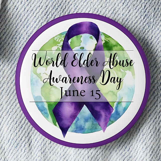 Bóton Redondo 5.08cm Dia Mundial da Consciência do Abuso dos Idosos 15  (Purple ribbon and globe. World Elder Abuse Awareness Day June 15.)