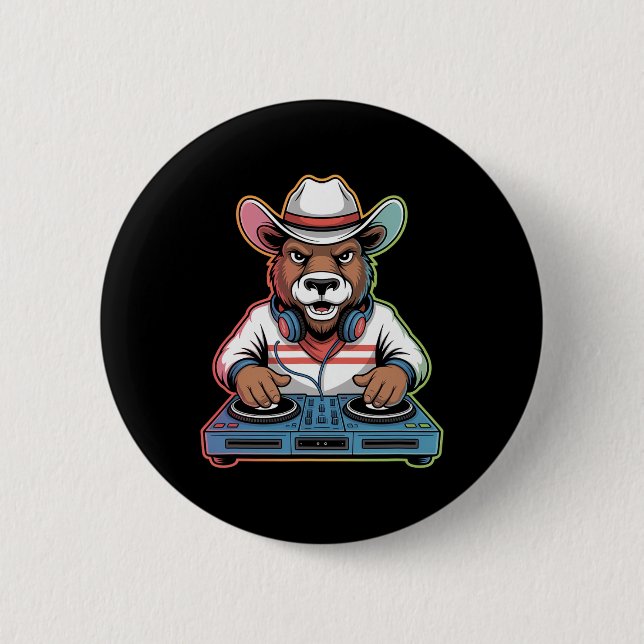 Bóton Redondo 5.08cm Dj Bear Cowboy Misturando Beats (Frente)
