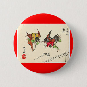 Bóton Redondo 5.08cm Dois Tengu que colide. Fundo de Monte Fuji, C.