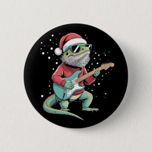 Bóton Redondo 5.08cm Dragão Barbudo de Natal Tocando Guitarra Músico