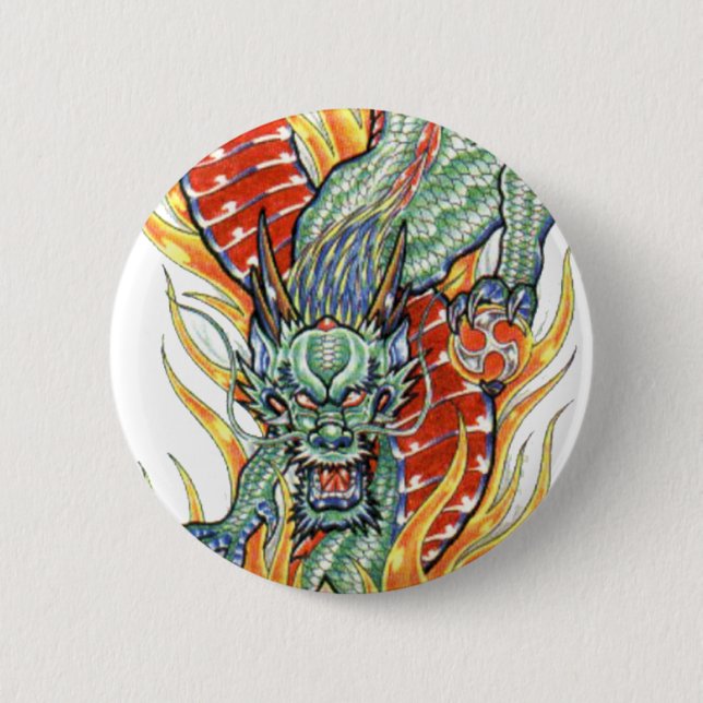 Bóton Redondo 5.08cm Dragão japonês e Flor de Lotus (Frente)