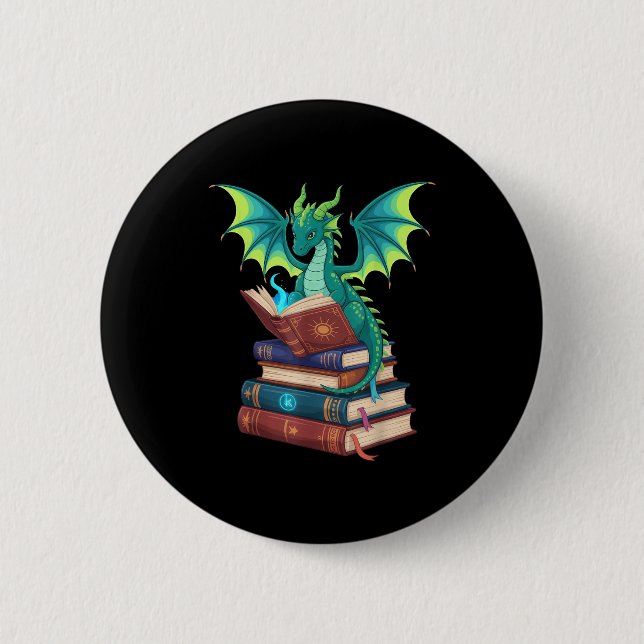 Bóton Redondo 5.08cm Dragon Reading Books Fantasy Lovers Mythical Creat (Frente)