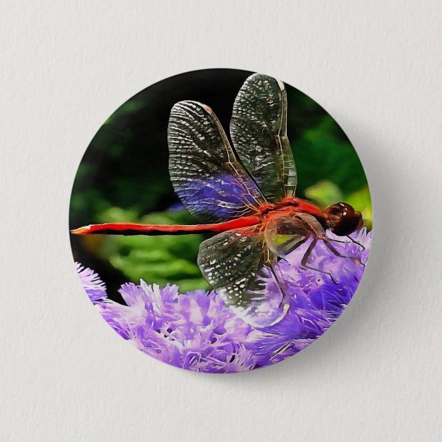 Bóton Redondo 5.08cm Dragonfly Vermelha em Flores Violetas Roxos (Frente)