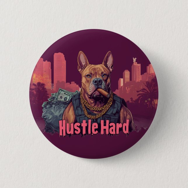 Bóton Redondo 5.08cm Duro de Hustle - Cachorro Pitbull com Dinheiro e C (Frente)