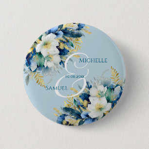 Bóton Redondo 5.08cm Dusty Blue Dourado Casamento Floral