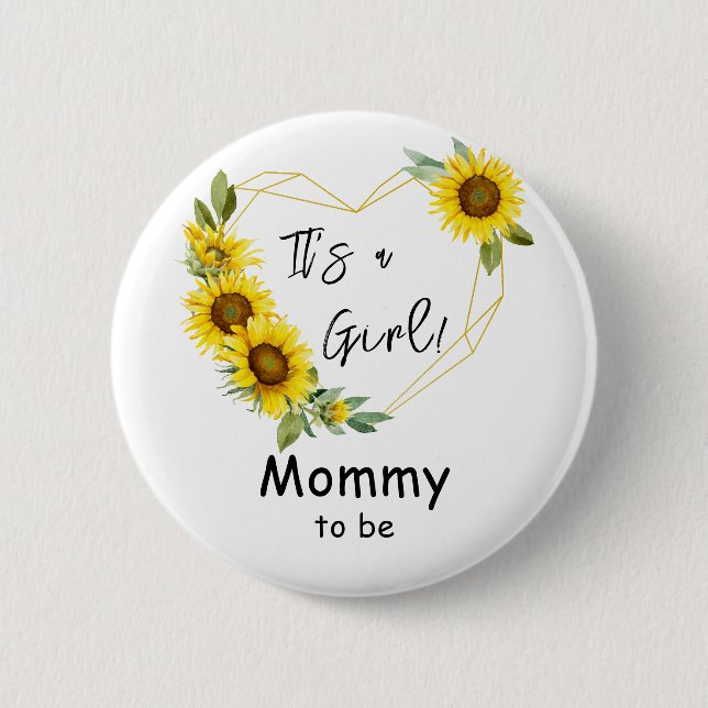 Bóton Redondo 5.08cm É uma garota! Mamãe de Mola de Girassol (Frente)