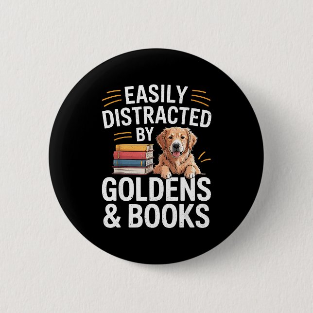 Bóton Redondo 5.08cm Easily Distracted By Goldens &amp; Books - Golden  (Frente)