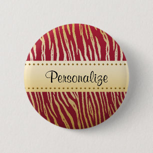 Bóton Redondo 5.08cm Elegante Estampa de Tigre Vermelho e Dourado