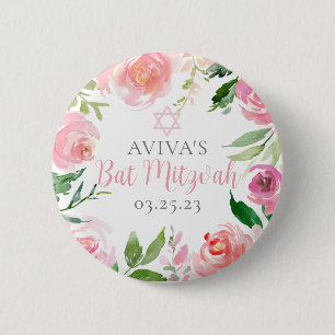Bóton Redondo 5.08cm Elegante Festa de Bat Mitzvah com Floral Rosa Pers