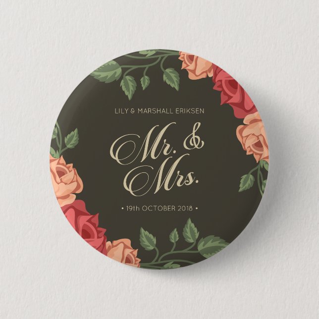 Bóton Redondo 5.08cm Elegante Floral Sr. & Sra. Wedding | Botão Pino (Frente)