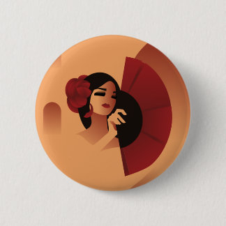 Bóton Redondo 5.08cm Espanhola com fã e rosa vermelha no cabelo