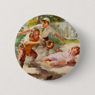 Bóton Redondo 5.08cm Esportes Vintage, Crianças Jogam Baseball Stickbal