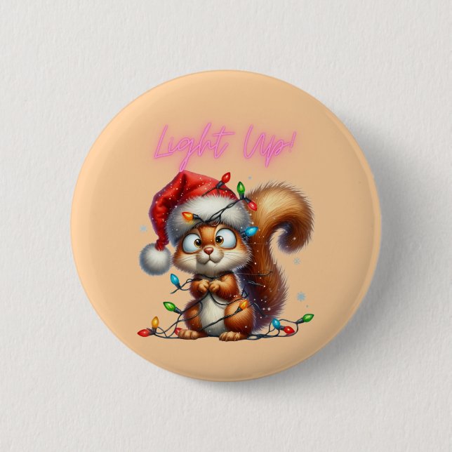 Bóton Redondo 5.08cm Esquilo de Natal com Luzes Festivas (Frente)