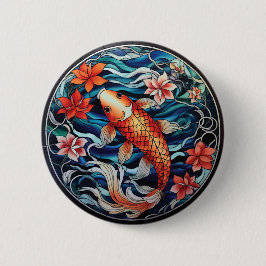 Bóton Redondo 5.08cm Estilo de Vidro Asiático Koi Fish e Camellias