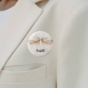 Bóton Redondo 5.08cm Etiqueta de nome com laço bege creme
