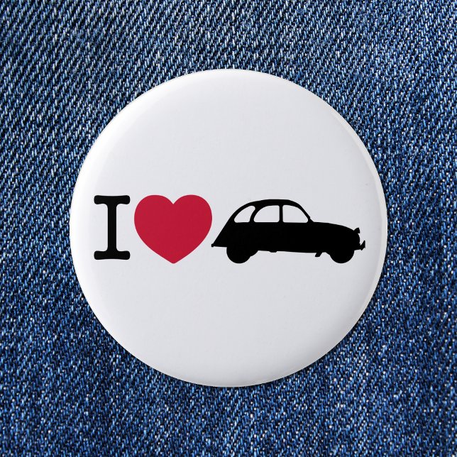 Bóton Redondo 5.08cm Eu amo Carro de Tempo Antigo Deux Chevaux (I love 2CV Button in White with a Black Typography and Illustration)
