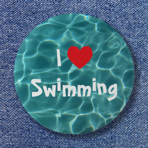 Bóton Redondo 5.08cm Eu Amo Nadar Coração Vermelho com Água da Piscina
