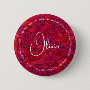 Bóton Redondo 5.08cm Eu Amo Você Nome Personalizado Rosas Vermelhas Amo