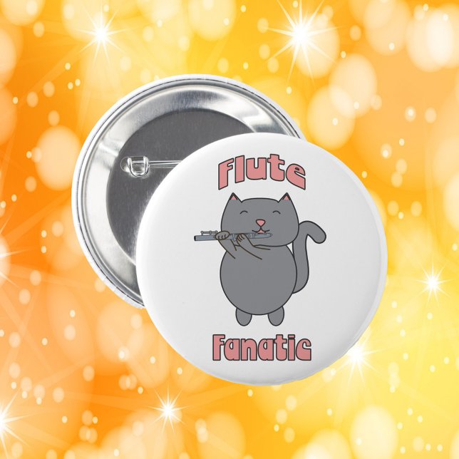 Bóton Redondo 5.08cm Fã de Flauta Gatinho Cinza Fofo Rosa (A pin back button with a gray cat playing the flute and the words Flute Fanatic.)