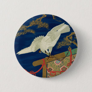 Bóton Redondo 5.08cm Falcão Branco Japonês Vintage Arte G.A. Audsley