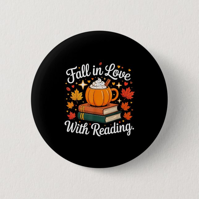Bóton Redondo 5.08cm Fall In Love With Reading Autumn Pumpkin Mug Book  (Frente)