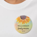 Bóton Redondo 5.08cm Family Reunion Keepsake<br><div class="desc">This sunflower family reunion button makes a lovely souvenir for your family get-together. It is decorated with a watercolor sunflower on a colorful background. Easily customizable. Use the Customize Further option to change the text size, style, or color. Because we create our own artwork you won't find this exact image...</div>