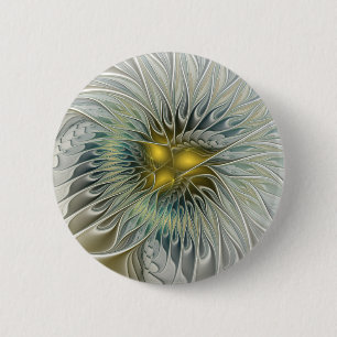 Bóton Redondo 5.08cm Fantasia da Flor de Prata Dourada Arte Fractal Abs